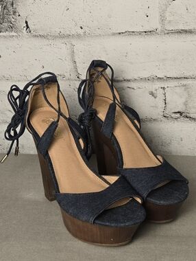 Brash Denim Platform Heels Womens 6.5 Chunky Wood Lace Up Sandals